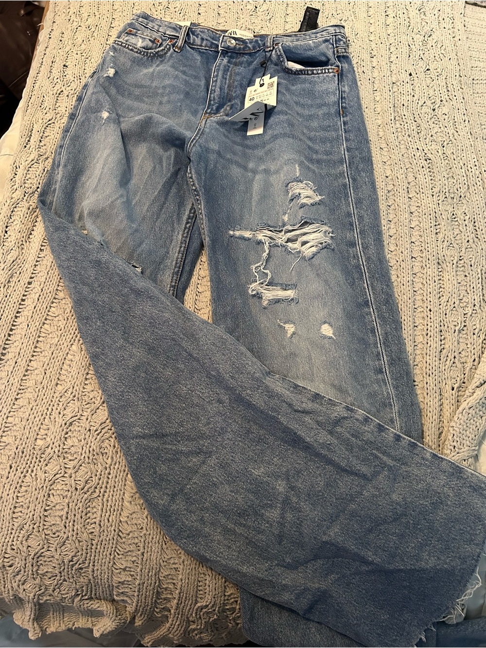 Zara Light Blue Distressed Straight Leg Jeans